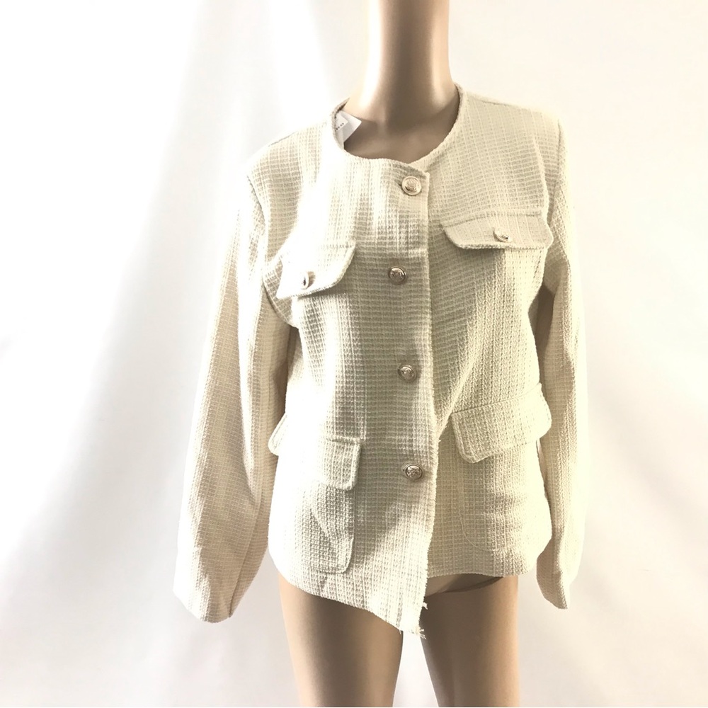 Two Way Women’s Jacket Blazer Size S Cream Twill Tweed Gold Buttons Beige Work